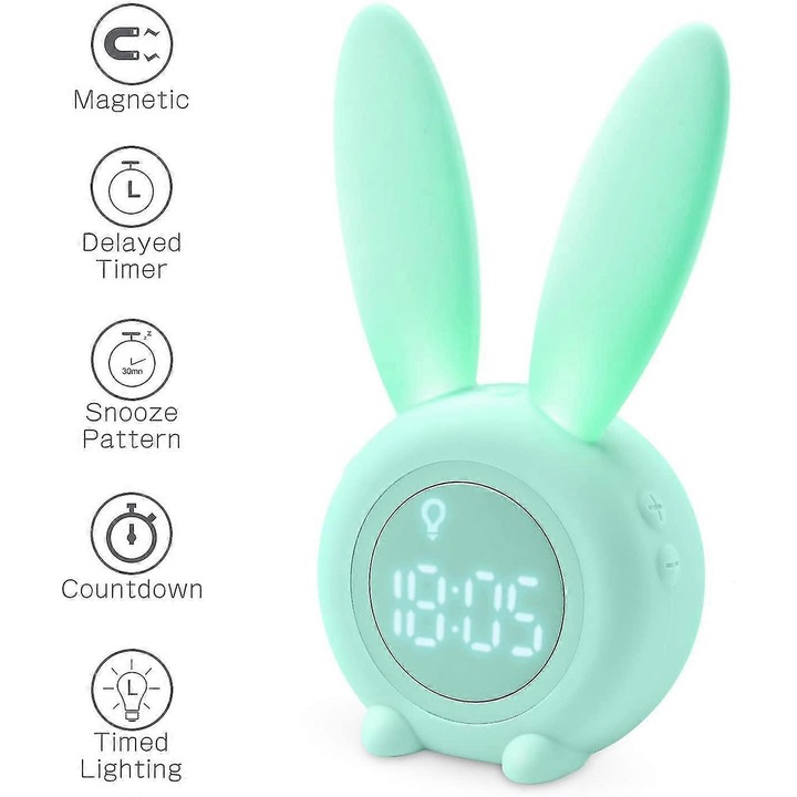 Aranyos nyúl alakú indukciós reggeli ébresztőóra, intelligens automatikus légzésfény-szabályozás, automatikus idő/dátum/hőmérséklet kijelzés, hangvezérlés