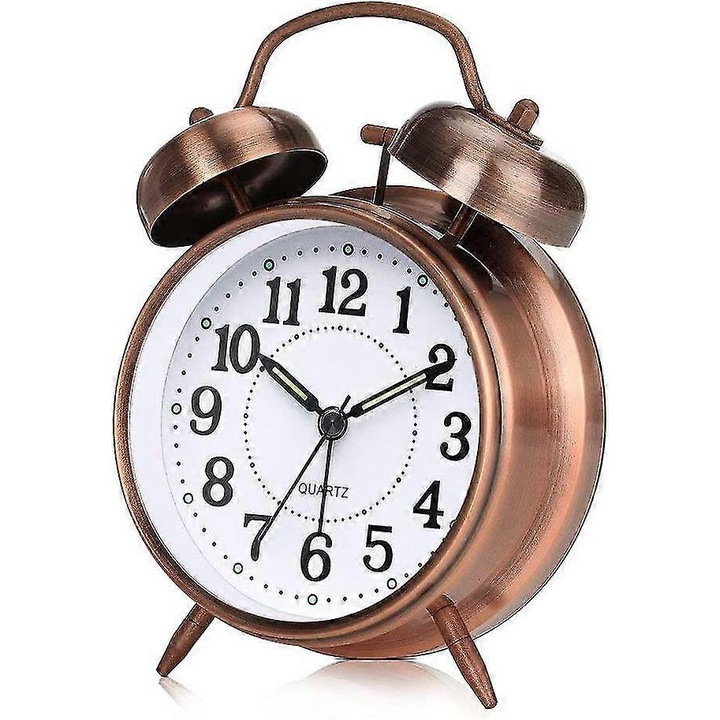 Reggeli ébresztőóra két csengővel, csendes retró ébresztőóra, éjjeli ébresztőóra éjszakai fénnyel alvóasztalhoz