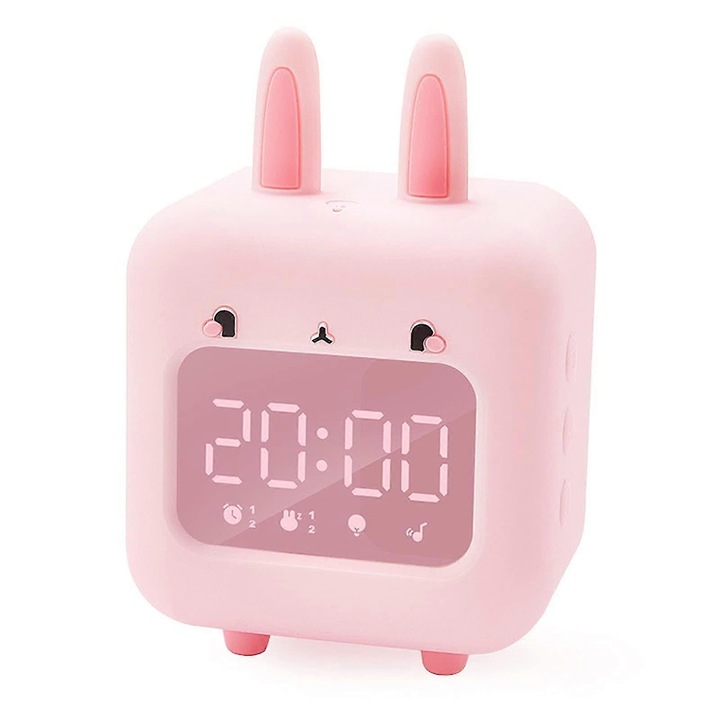 Gyerek Ébresztőóra Nyuszival, Aranyos Digitális Ébresztőóra Nyuszival és Éjszakai Fénnyel, Szundi, Időzítő Funkció, Rózsaszín