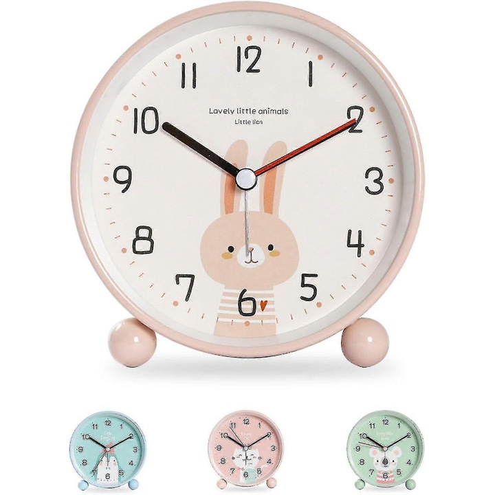Oktató ébresztőóra gyerekeknek - Csendes, nem ketyeg, nappali/éjszakai, könnyen beállítható utazó ébresztőóra éjszakai fénnyel, elemes (rózsaszín nyúl)