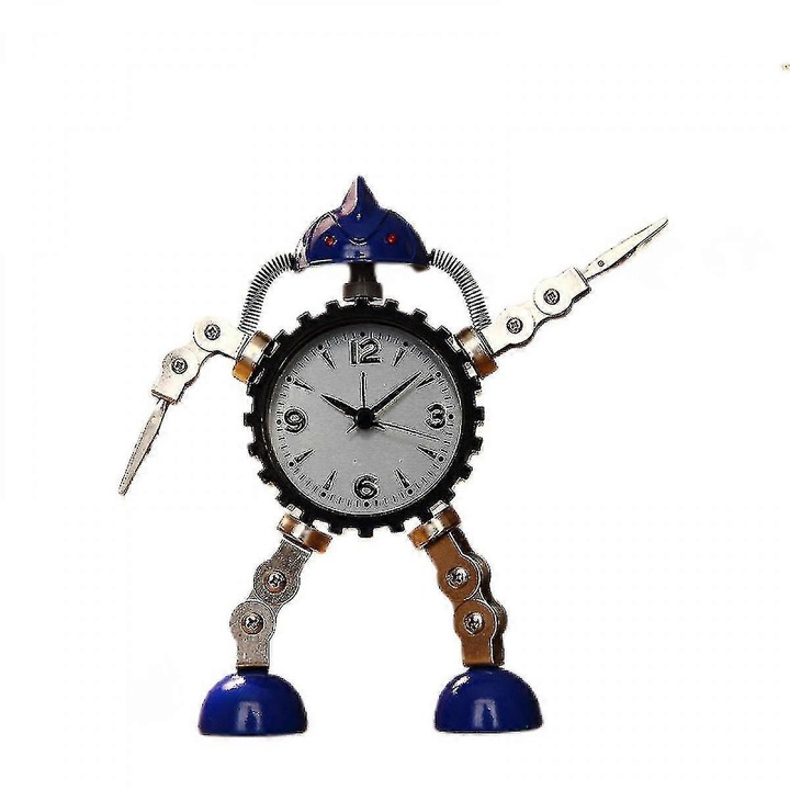 Rozsdamentes acél fogaskerék robot ébresztőóra, ébresztőóra villogó szemfénnyel és kézcsipesszel (kék)