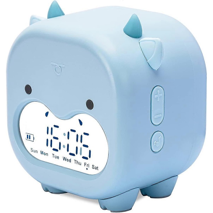 Gyerek ébresztőóra, gyerekszoba óra, dátum, hőmérséklet, szundi, ébresztő, éjszakai fény, aranyos digitális óra tehénnel és USB-vel fiúknak és lányoknak, ajándékok (kék)