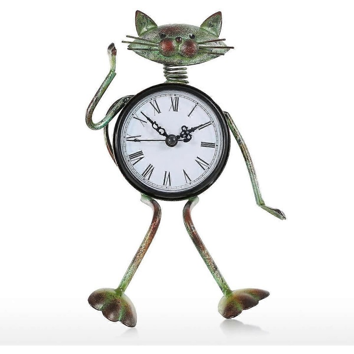 Kis kézzel készített macskás asztali óra, vintage fém macskafigura, díszes állatos asztali óra