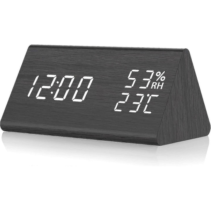 Digitális asztali óra, hálózatról működő digitális ébresztőóra, fa éjjeli ébresztőóra, hangvezérlés, LED kijelző idővel, hőmérséklettel, páratartalommal, 3 ébresztőóra