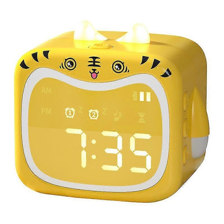 Ceas desteptator inteligent multifunctional cu afisaj LED, distractie patrata, tigru galben, raportare timp Bluetooth pentru copii