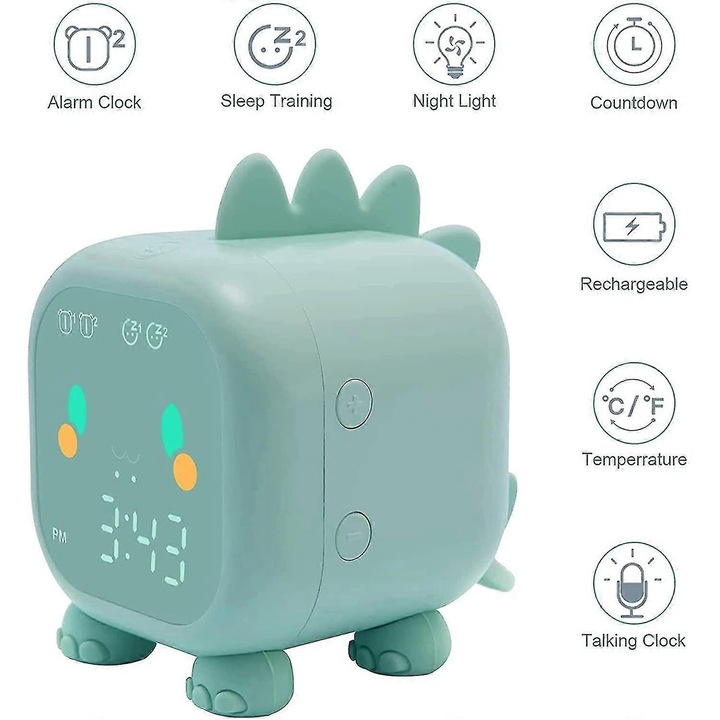 Ceas desteptator dragut pentru copii, lumina de noapte reglabila multifunctionala, numaratoare inversa, amanare, control vocal, ceas reincarcabil (verde)
