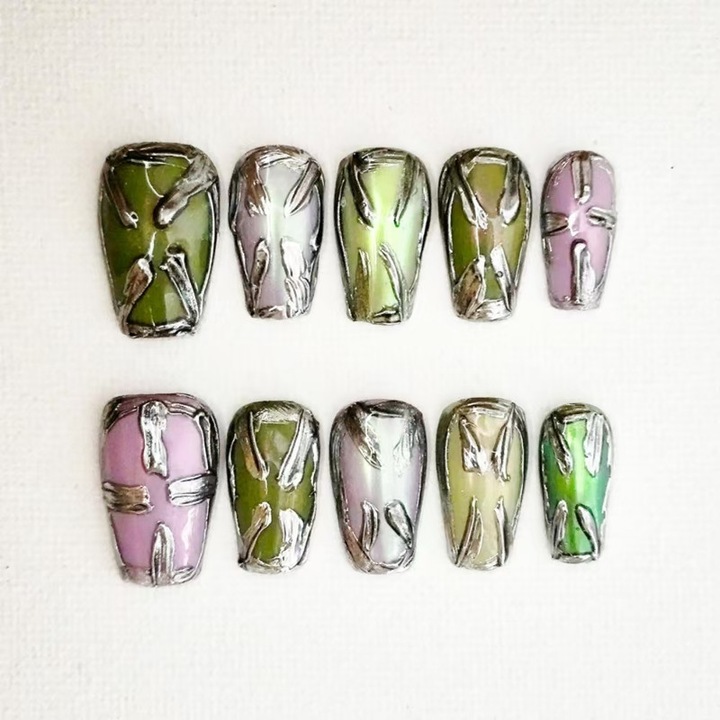 Set 10 unghii false handmade, stil gotic, efect gradient, multicolor, marime M