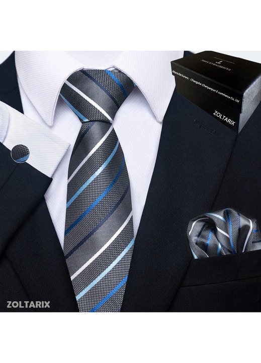 Set Cravata cu Batista si Butoni si Ac de cravata, ZOLTARIX,147 x 8 cm, Polyester, Potrivit pentru petreceri de dans, nunti, banchete, afaceri, Confortabila si moale, Gri