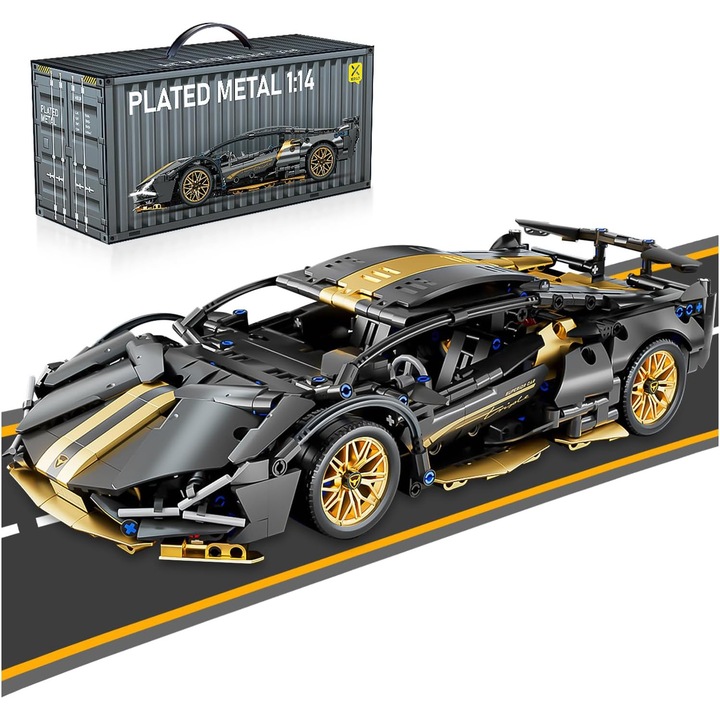 Set de Blocuri Constructie Masini Sport, lynker, Lamborghini, Cu coada, 1280 de Piese, Model 1:14, 36 x 16.5 x 8 cm, model detaliat, jucarie educativa pentru copii, Cadouri de colectie cu masini de curse, Pentru 8 ani+ si Adulti, negru/aur