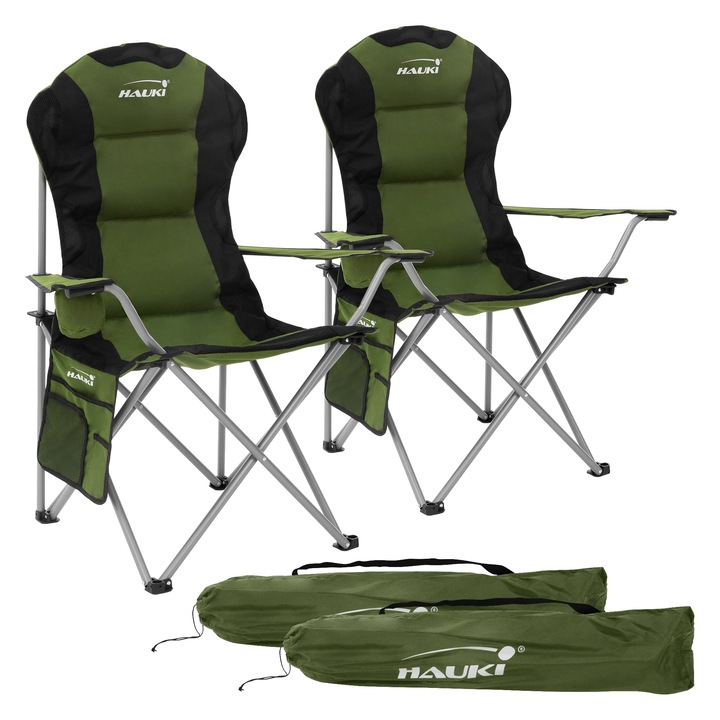 Set 2 scaune de camping Hauki kaki pliabile de exterior capacitate 150 kg scaunel de gradina cu suport pahare si geanta transport scaun pliant de pescuit supradimensionat usor captusit pentru drumetii taburet plaja