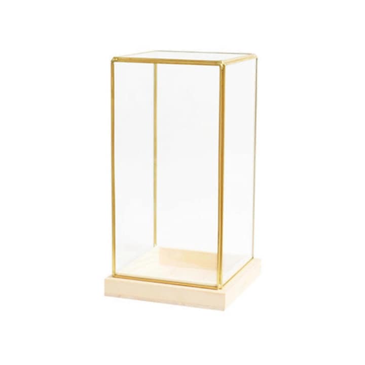 Vitrina din sticla pentru colectii, baza din lemn, 11.5x20.5cm, 14x26cm, 13.5x26cm, bronz antichizat