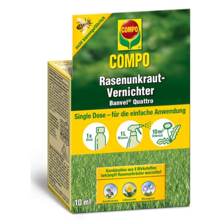 Тор за тревни площи Compo Banvel Quattro, 10 мл, срещу опасни растения, приложение чрез пръскане или поливане