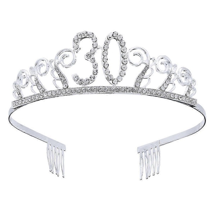 Tiara de cristal pentru petrecerea de 30 de ani, accesorii par, argintie, 13x14x4.3cm