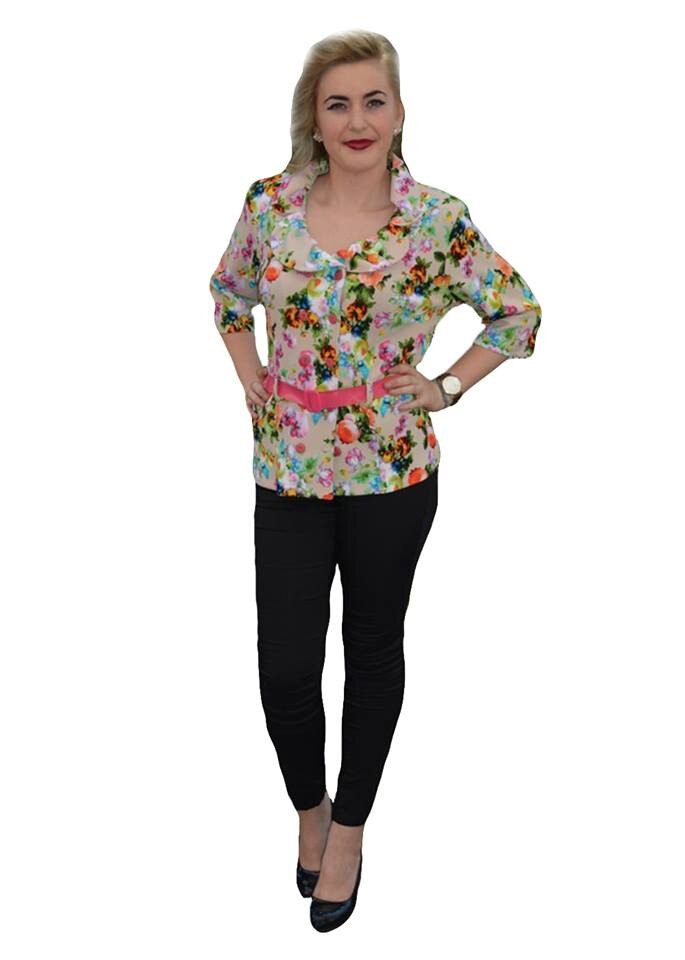 Bluza cu maneca trei-sferturi cu imprimeu,masura mare,D&J Exclusive, Bej/Multicolor