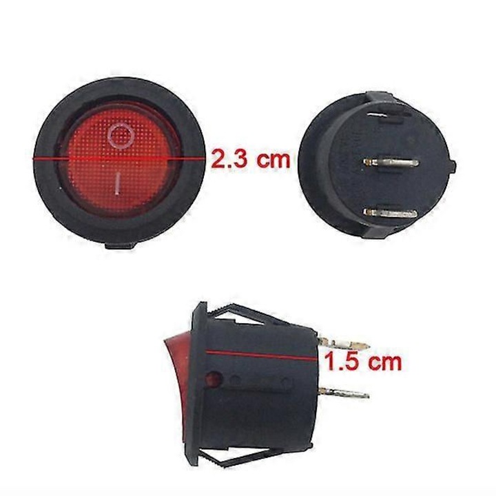 Be/ki kapcsoló gomb elektromos gyermekautókhoz és motorokhoz, kerek 2.3 cm, 3 tűs, pirosan világító, 1 db