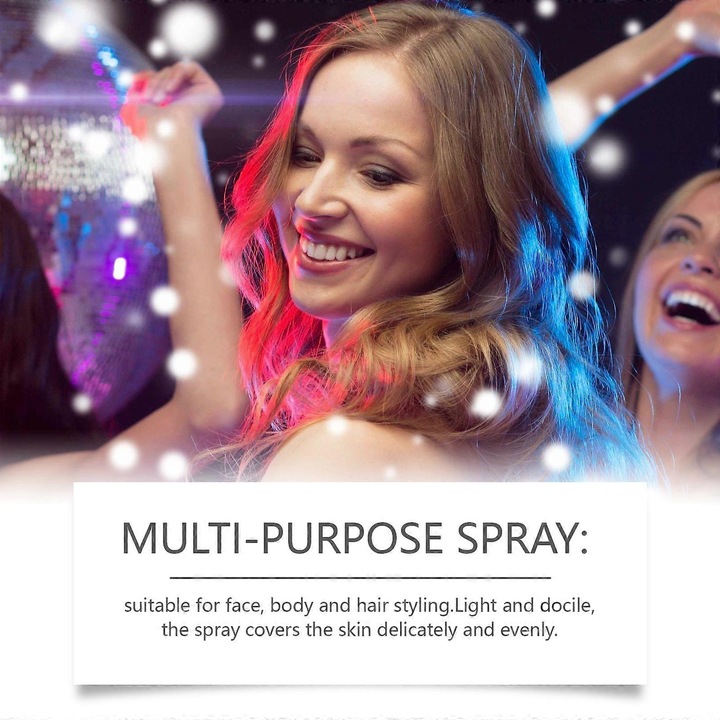Spray fixator de machiaj, fixativ pentru machiaj, cu acid hialuronic, cu mica pentru efect stralucitor, pentru fata, corp si par, Multicolor
