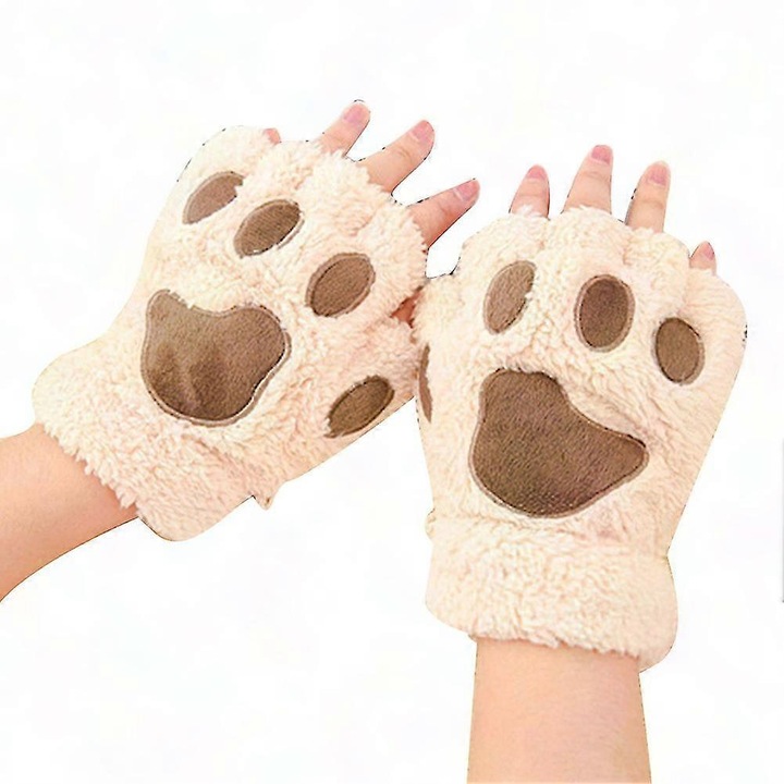 Manusi copii, design blanos cu urs si gheare de pisica, bej, 20x15cm