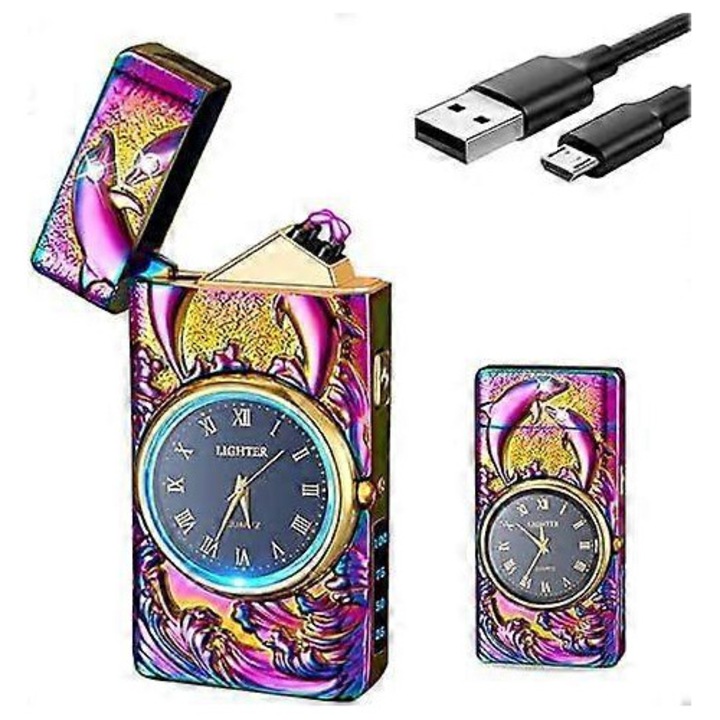 Bricheta electrica, Reincarcabila USB, Design vintage cu ceas, Multicolor