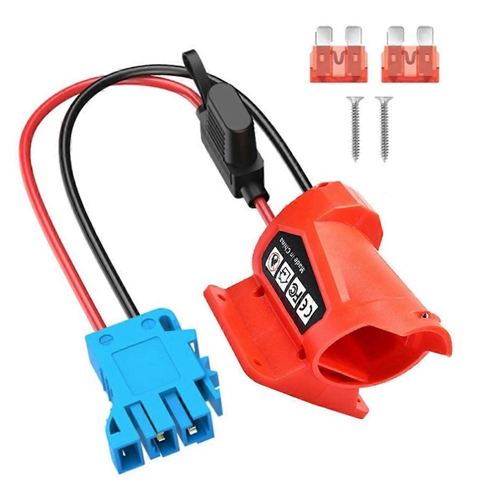 Adaptor baterie M12 12V, compatibil Milwaukee, cu siguranta fuzibila, mufa albastra si priza rosie, 1 buc