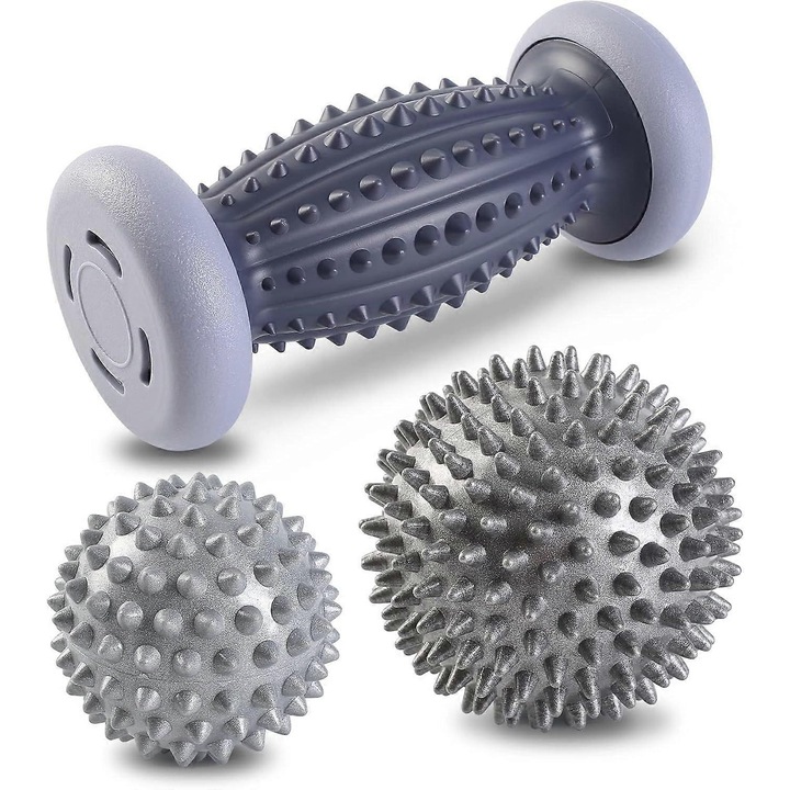 Set 3 bile de masaj pentru picioare, masaj cu role si mingi, stimulare punct cu punct, flexibile