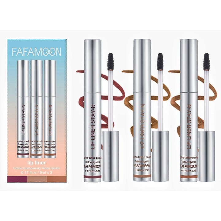 Set 3pcs Ruj si Creion de Buze, Fafamoon, Pigmentat, Rezistent la Apa, Multicolor