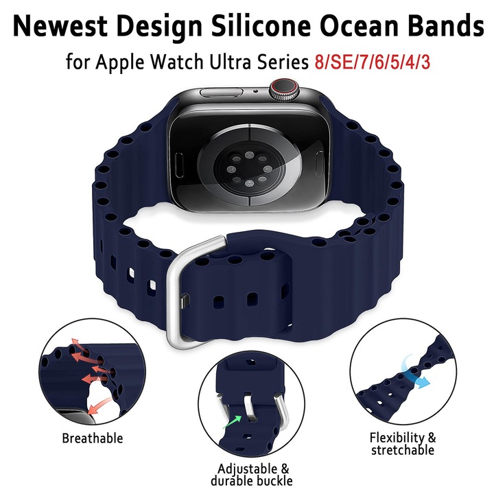 Bratara Ocean pentru Apple Watch Ultra 2, 41-49mm, silicon, albastru inchis, set