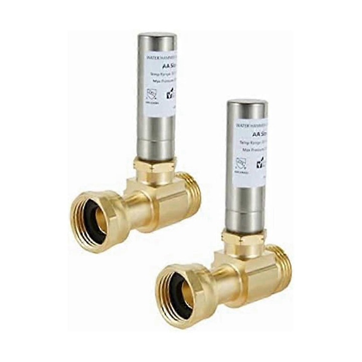 Set 2 bucati, amortizor lovituri de apa (supresor) pentru masina de spalat, corp valva din alama cu plumb redus, tub din otel inoxidabil, racord 3/4 inch, 250 PSI, alamiu/argintiu