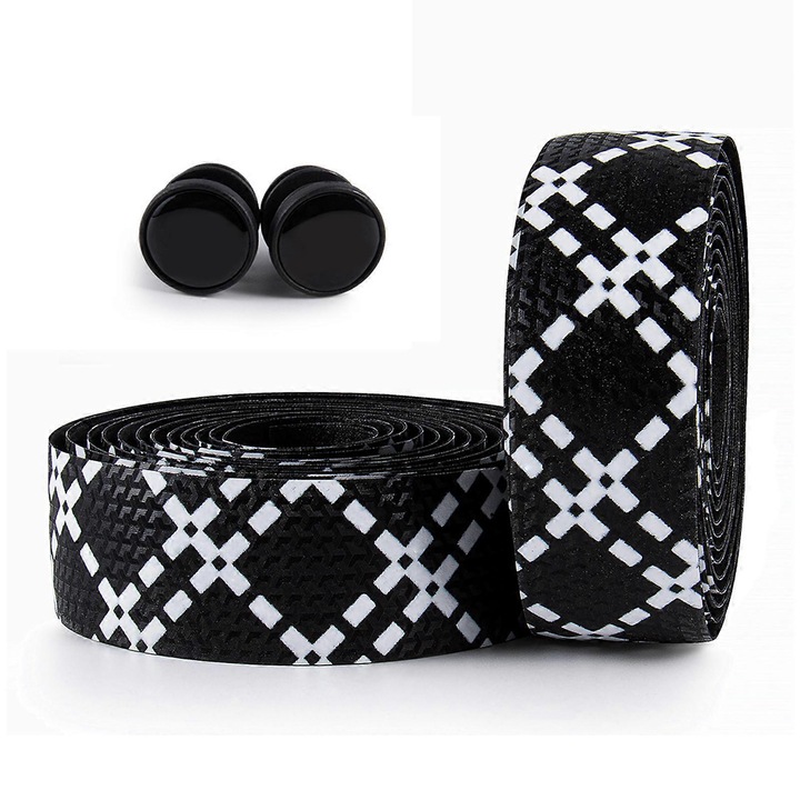 Banda pentru ghidon bicicleta, set 2 bucati, neagra cu alb, dimensiune 215x3cm