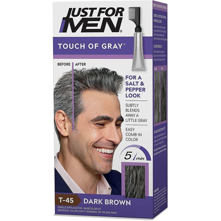 Vopsea de par pentru barbati Just For Men Touch of Gray, T-45, brunet inchis, 5 minute aplicare