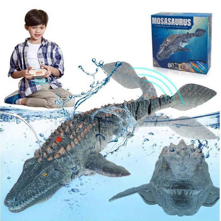 Jucarie cu telecomanda Mosasaurus, barca 1:18, gri, set cu baterie reincarcabila si incarcator