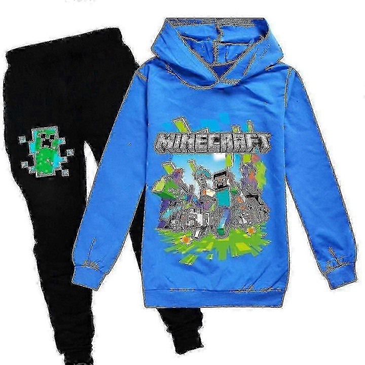 Set trening unisex copii, model Minecraft, gluga, pantaloni, albastru, bumbac