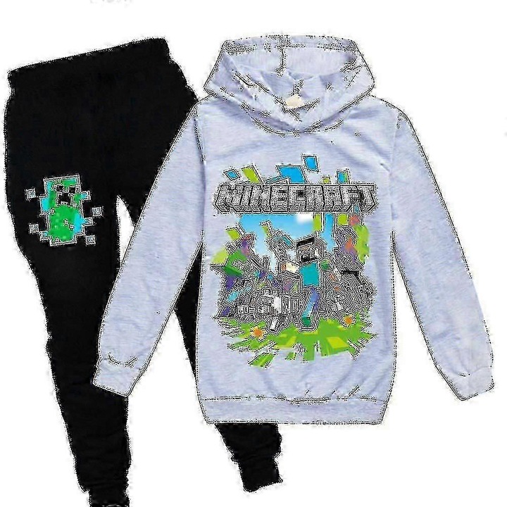 Set trening unisex copii, hanorac cu gluga si pantaloni, gri, bumbac model Minecraft