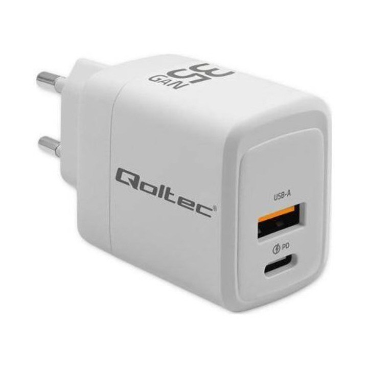 Qoltec Hálózati Töltő 35W GaN 5-20V 1.5-3A 1x USB-C PD 1x USB QC 3.0 Fehér