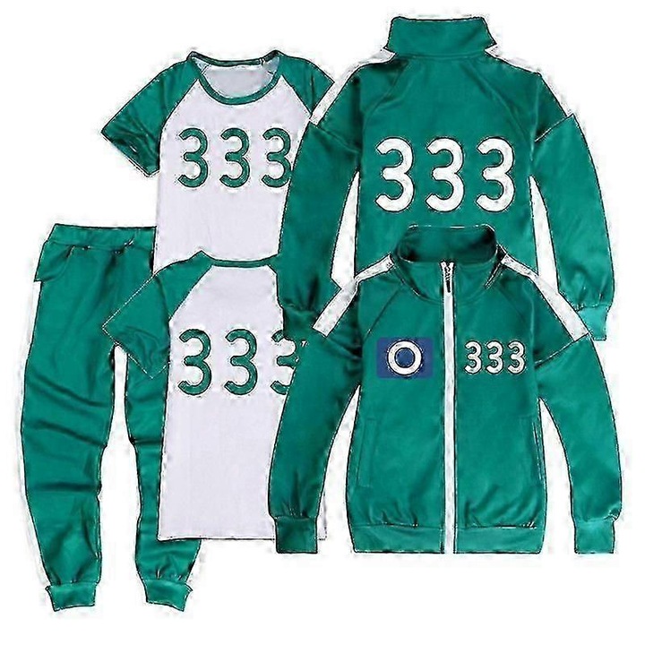Set costum complet Squid Game, 3 piese, jacheta, camasa cu maneca scurta, pantaloni, verde\alb, 110 CM