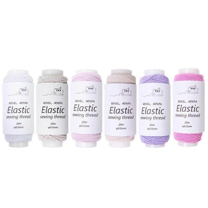 Set 6 bobine fir elastic de cusut, 21.87yard/bobina, poliester, multicolor, 6.1x2.4cm