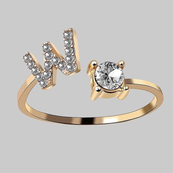 Inel cu zirconiu si strasuri, ajustabil, auriu, model litera W