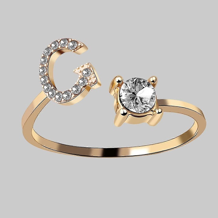 Inel dama, zirconiu si strasuri ajustabil, auriu, litera G