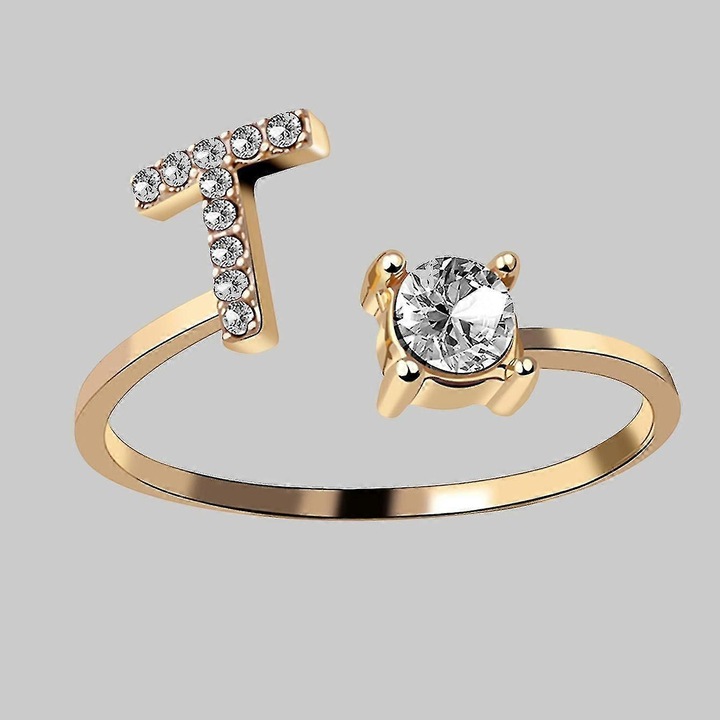 Inel cu zirconiu si strasuri ajustabil, auriu