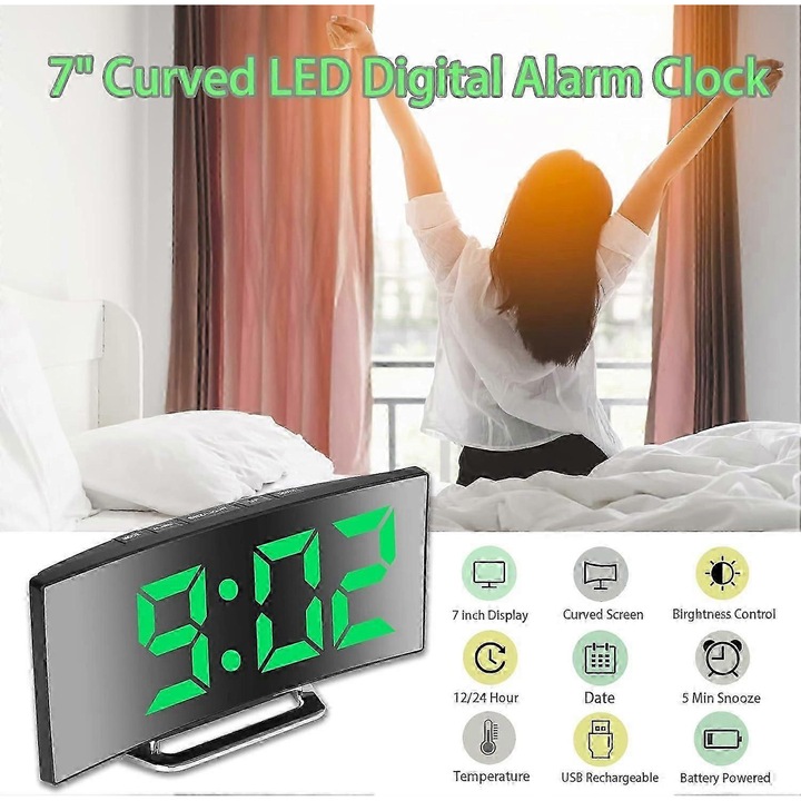 Ceas decorativ cu cifre mari, snooze tactil, format 12/24 ore, ajustare manuala DST, multicolor