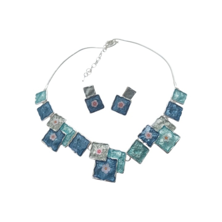 Set de bijuterii unicat, colier de 45 cm si cercei de 2 cm, forme patrate interconectate, multicolor