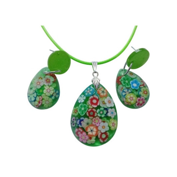 Set de bijuterii unicat realizat manual, colier cu pandantiv de 4x3 cm si cercei de 4x2 cm, in forma de lacrima, verde, cu motive florale