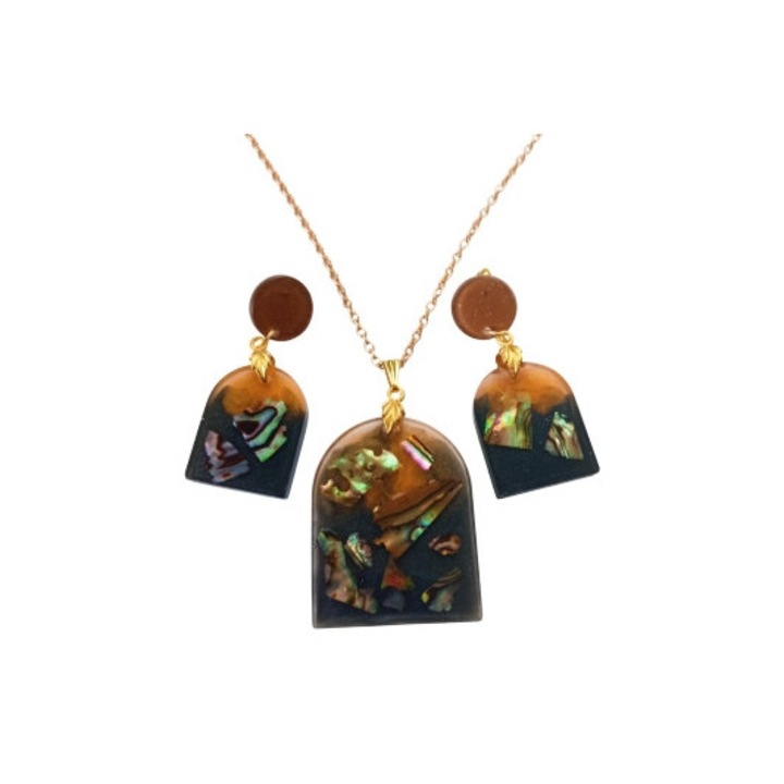 Set de bijuterii unicat realizat manual, colier cu pandantiv de 4x3 cm si cercei de 3, 5x2 cm, in forma de arc, multicolor