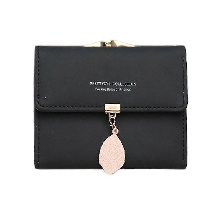 Дамски портфейл, Leaf H, тройно сгъваем, 1 отделение с цип, черен