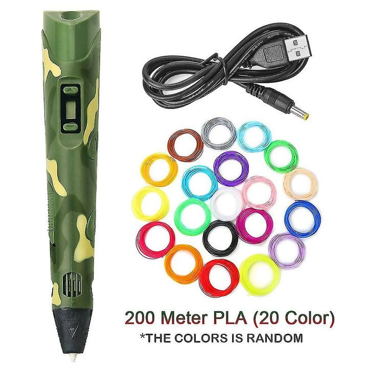 3D писалка, 200 м PLA филамент, камуфлажни цветове, регулиране на температурата, регулируема скорост на печат