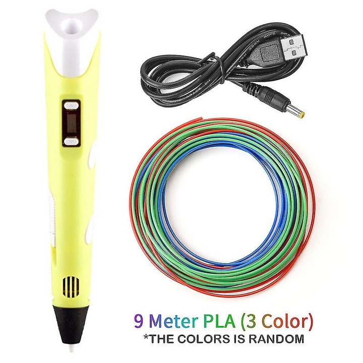 3D писалка, 9 метра жълт PLA филамент, регулиране на температурата, комплект