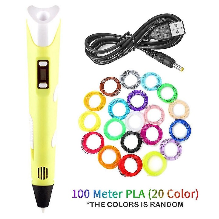 3D писалка, 100 м жълт PLA филамент, регулиране на температурата, регулируема скорост на печат