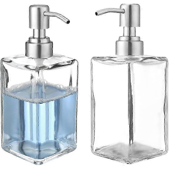 2 db adagoló üvegpalack készlet, 450 ml, rozsdamentes acél pumpával, átlátszó, szappanhoz, testápolókhoz, tusfürdőkhöz