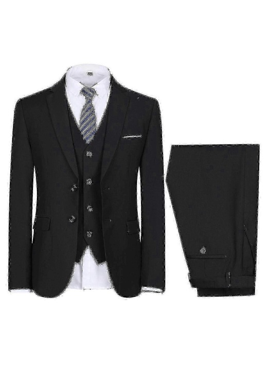 Set costum barbatesc formal 3 piese, sacou, vesta, pantaloni, negru, poliester 70% viscoza 30%, S INTL