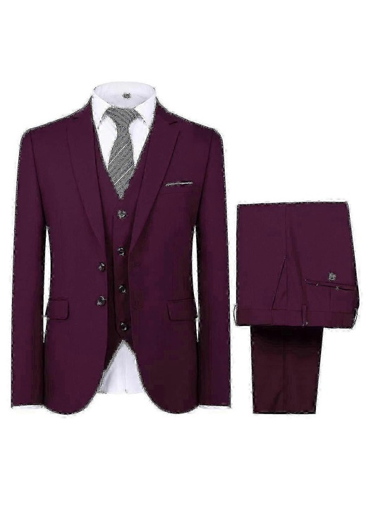 Set costum barbatesc formal 3 piese, rosu poliester, pentru nunta, ocazii business, Rosu inchis