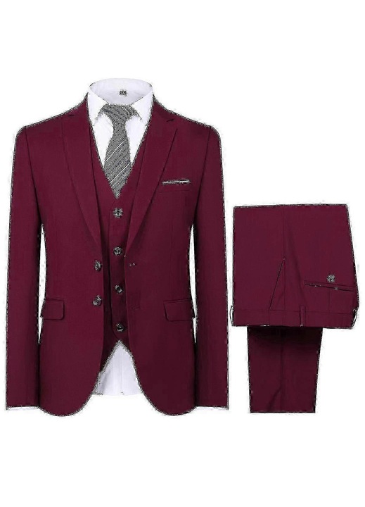 Set costum barbatesc formal 3 piese, rosu poliester, pentru nunta, ocazii business, Rosu